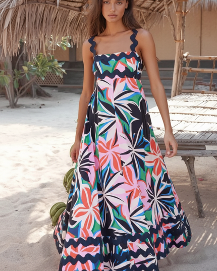 Printed Square Neck Wide Strap Dress