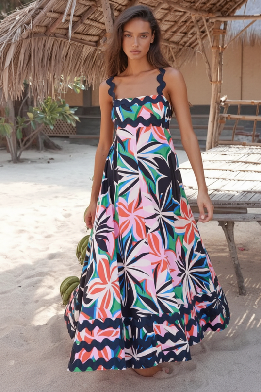 Printed Square Neck Wide Strap Dress