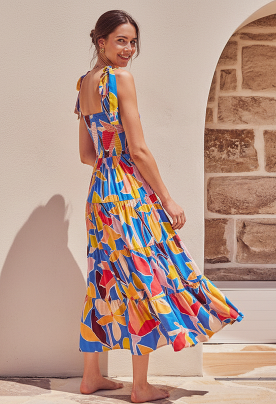 Floral Tie Shoulder Smocked Tiered Dress