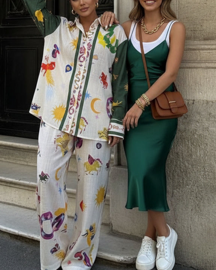 Printed Button Down Shirt and Pants Set