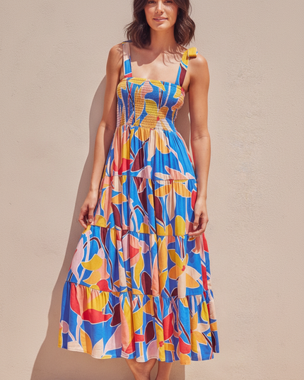 Floral Tie Shoulder Smocked Tiered Dress