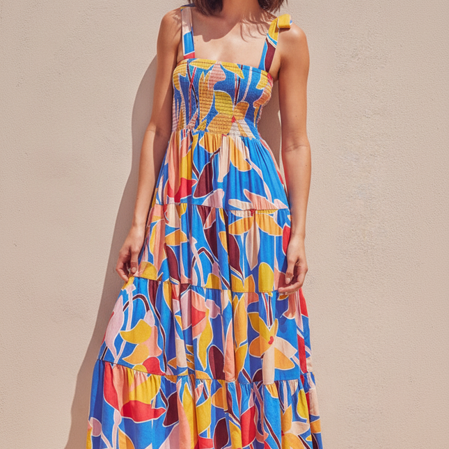 Floral Tie Shoulder Smocked Tiered Dress