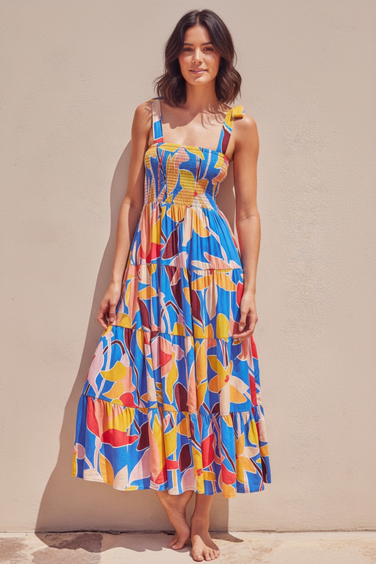 Floral Tie Shoulder Smocked Tiered Dress