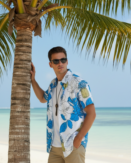 Blue Floral Button Up Short Sleeve Shirt