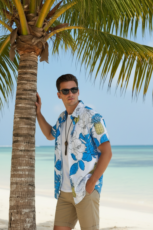 Blue Floral Button Up Short Sleeve Shirt