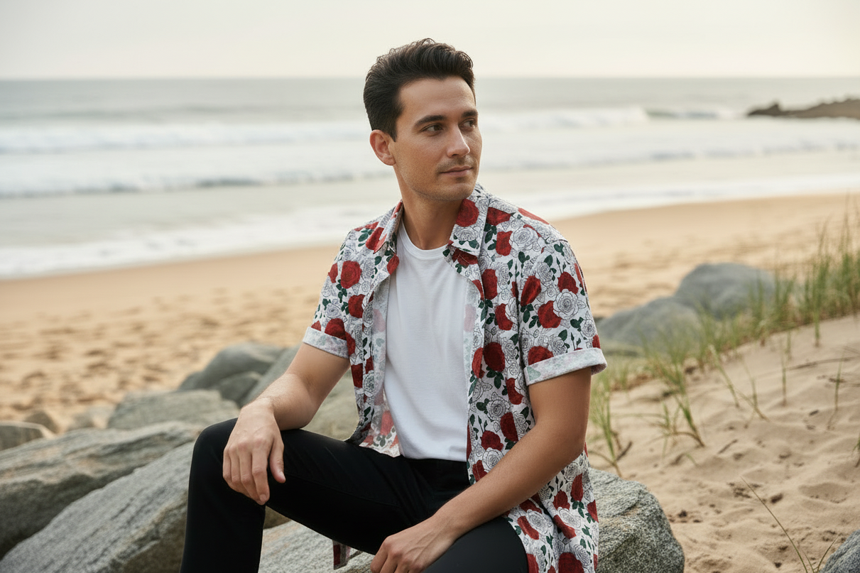 Burgundy Rose Short Sleeve Button-Up Shirt