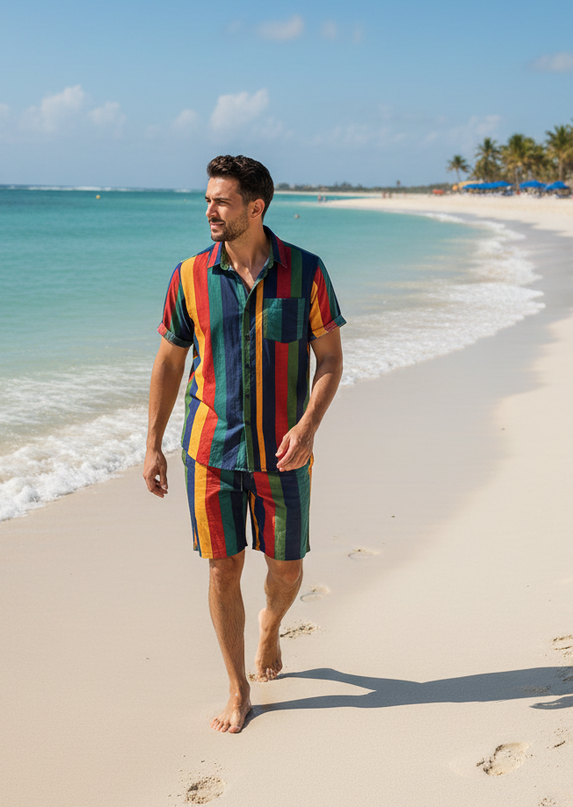 Striped Button Up Shirt and Shorts Set